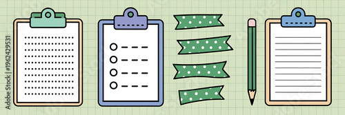 Colorful illustration of clipboard and stationery on grid paper background