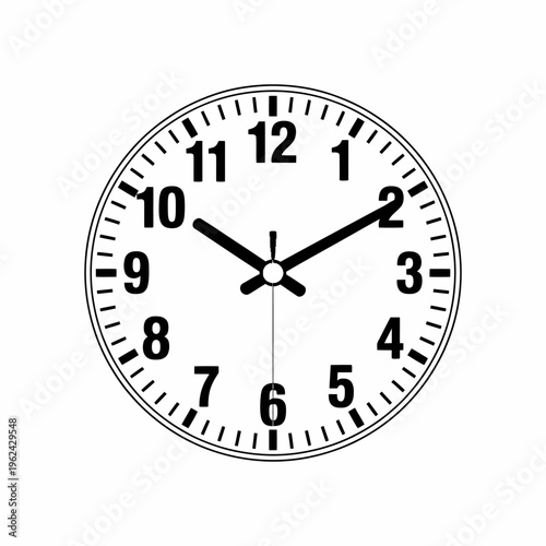 Analog clock face with black hands and numbers on white background