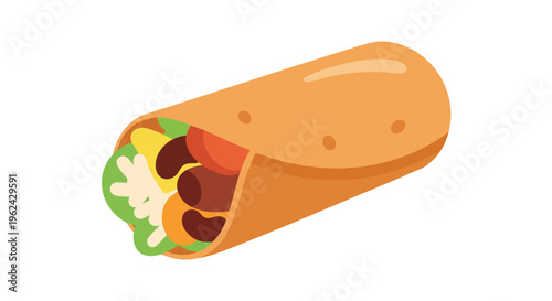 A cartoon depiction of a rolled up burrito, filled with lettuce, tomato, cheese, beans, and meat. It sits on a white background