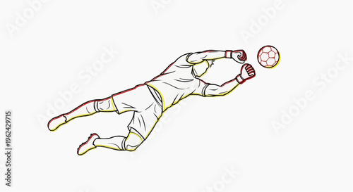 Goalkeeper Punch Save Line Art Vector Soccer Black Red Yellow