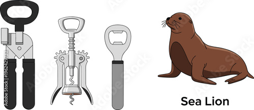 Flat vector illustration set featuring kitchen tools including a can opener corkscrew and bottle opener alongside a brown sea lion on white background.