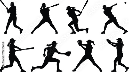 Silhouette set of baseball and softball athletes batting, pitching, running, catching, dynamic sports action poses, athletic training illustration