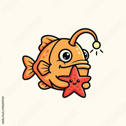 A cartoon-style illustration of an orange, stylized deep-sea fish with a large head, holding a smiling red starfish. The fish has an extended lure with a light