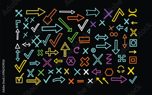 Colorful neon signs with arrows and checkmarks