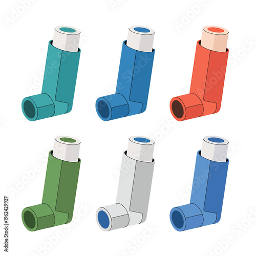 Colorful asthma inhalers in different colors and designs  medical devices for breathing