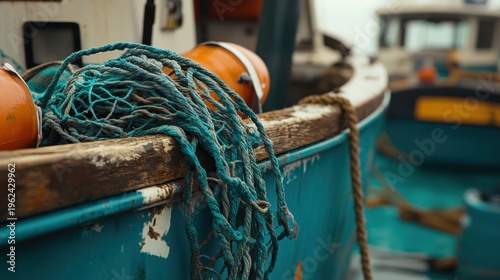 Fishing Boat Details: Ropes, Floats, and Weathered Wood Texture Close-up View