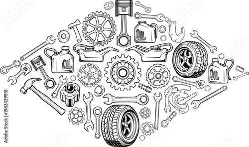 Hand drawn vector illustration set of car parts and garage tools including tires, gears, wrenches, oil cans, and pistons for automotive repair service.
