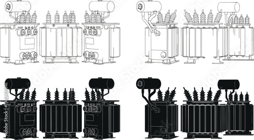 High voltage electrical power transformer vector illustration set featuring line art and black silhouettes for energy infrastructure, e industrial en