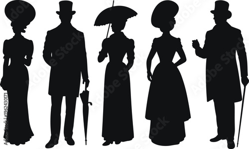 Victorian era silhouette illustration, five figures in formal 19th century attire, men with top hats, women with parasols, fashion history