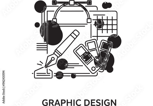 Graphic design elements with creative tools and gadgets in black featuring illustration, vector graphics, art supplies with digital art and pencil