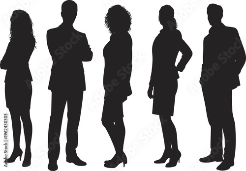 Black silhouette business professionals illustration, five diverse corporate figures in formal attire, teamwork, leadership, diversity, office, collaboration