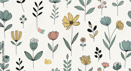 Decorative repeating floral layout with varied blossom sizes and gently curving leafy stems