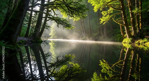 Misty morning sunlight filters through lush green forest trees onto a calm lake reflecting the vibrant foliage and serene natural landscape.