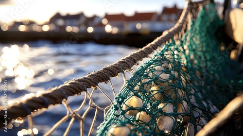 Fishing Net Detail at Sunset: Coastal Texture and Maritime Serenity