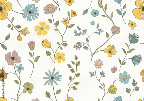 Simple yet vibrant flower pattern blending mid-century style with modern minimalistic design approach