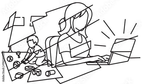 Woman working on laptop with frustrated expression and child nearby featuring parent, parenting, stress with overwhelmed and busy elements for work,