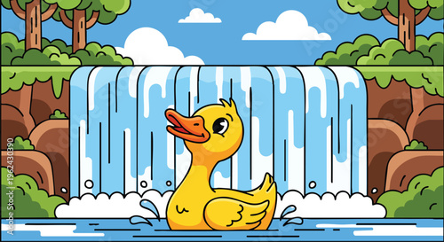 A cartoon-style illustration of a yellow duck swimming in a water body in front of a waterfall, with trees, clouds and land