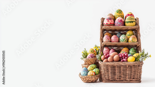 Easter eggs beautifully painted and arranged on a three tiered wicker stand, also decorated with fresh grapes and flowers, all on a plain white background.
