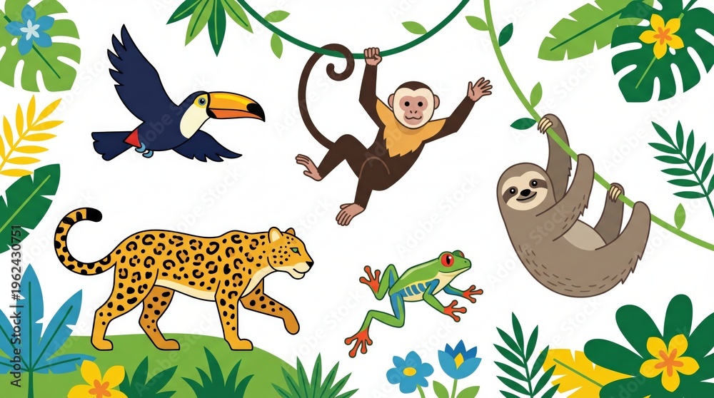 Fototapeta premium Tropical jungle animals in rainforest.