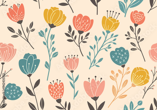 Handcrafted style floral pattern bringing together nature-inspired shapes and pastel color tones