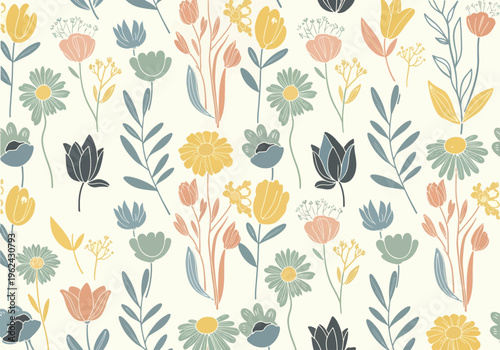 Fresh blooming wildflowers arranged in a seamless decorative design full of joyful seasonal vibes