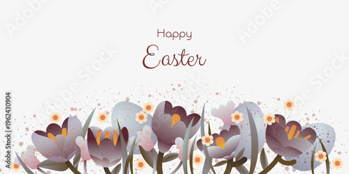 Happy Easter floral banner in flat folk art style