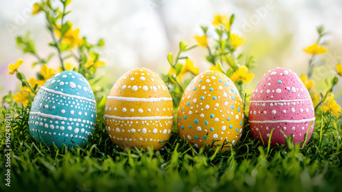 Four hand painted easter eggs in blue yellow pink and orange with white dots are placed on green grass with soft yellow flowers creating a sp holiday scene.