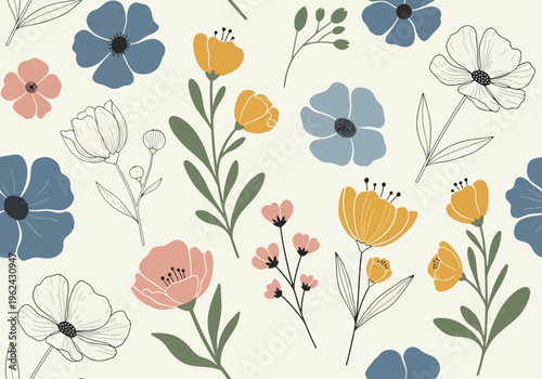 Artistic floral surface design showcasing playful blossoms and abstract foliage in balanced arrangement