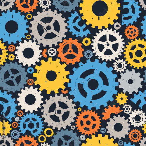 Εκτύπωση καμβά Seamless Interlocking Gears Vector Pattern | Colorful Industrial Background