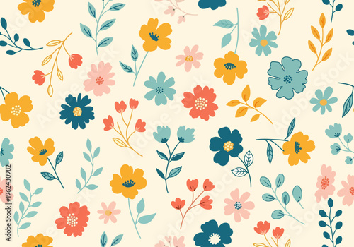 Whimsical spring garden pattern bursting with lively flowers and delicate leafy accents throughout