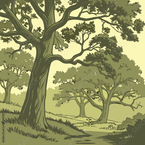 Majestic Ancient Oak Tree Beside a Peaceful River in Lush Green Countryside Vintage Hand Drawn Botanical Landscape Illustration with Rolling Hills Serene Woodland Nature Scenic Artwork Rustic Environm