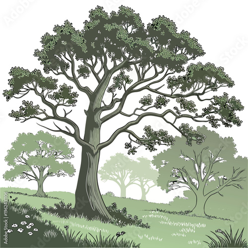 Majestic Ancient Oak Tree Beside a Peaceful River in Lush Green Countryside Vintage Hand Drawn Botanical Landscape Illustration with Rolling Hills Serene Woodland Nature Scenic Artwork Rustic Environm