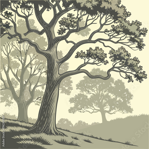 Majestic Ancient Oak Tree Beside a Peaceful River in Lush Green Countryside Vintage Hand Drawn Botanical Landscape Illustration with Rolling Hills Serene Woodland Nature Scenic Artwork Rustic Environm
