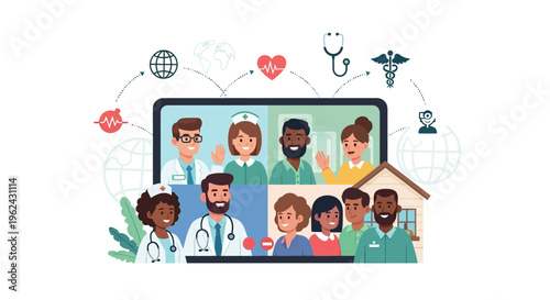 Telemedicine & Virtual Healthcare: Diverse Doctors, Nurses, and Patients on Video Call for Online Medical Consultations, Remote Support, and Digital Health.