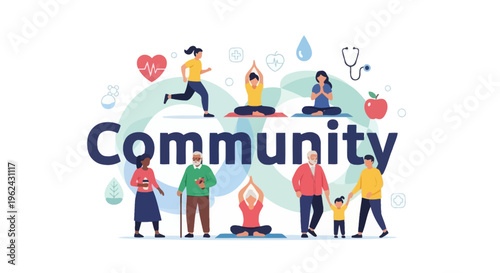 Community Health & Wellness Illustration: Diverse People, All Ages, Exercising & Healthy Lifestyle