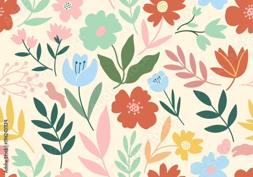 Elegant seamless floral illustration combining mustard, coral, and teal tones in harmonious composition