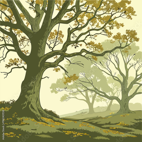 Majestic Ancient Oak Tree Beside a Peaceful River in Lush Green Countryside Vintage Hand Drawn Botanical Landscape Illustration with Rolling Hills Serene Woodland Nature Scenic Artwork Rustic Environm