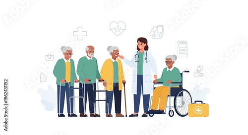 Healthcare for Seniors: Doctor Supporting Diverse Elderly Patients with Mobility Aids
