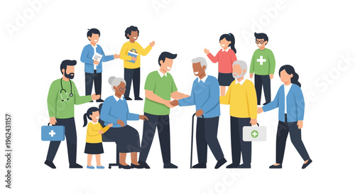 Healthcare and Community Support: Diverse Group of People, Doctors, Elderly, and Child Illustrating Medical Care, Social Well-being, and Intergenerational Aid