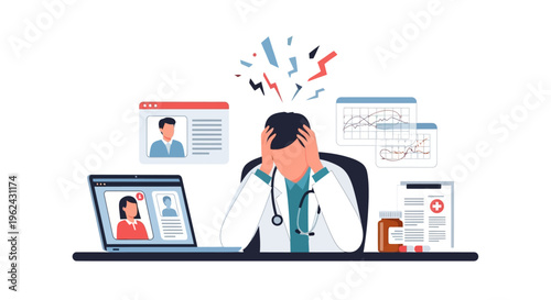 Doctor Burnout & Stress: Overwhelmed Physician with Telemedicine, Patient Data, and Heavy Workload
