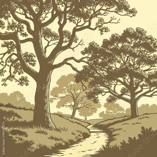 Majestic Ancient Oak Tree Beside a Peaceful River in Lush Green Countryside Vintage Hand Drawn Botanical Landscape Illustration with Rolling Hills Serene Woodland Nature Scenic Artwork Rustic Environm