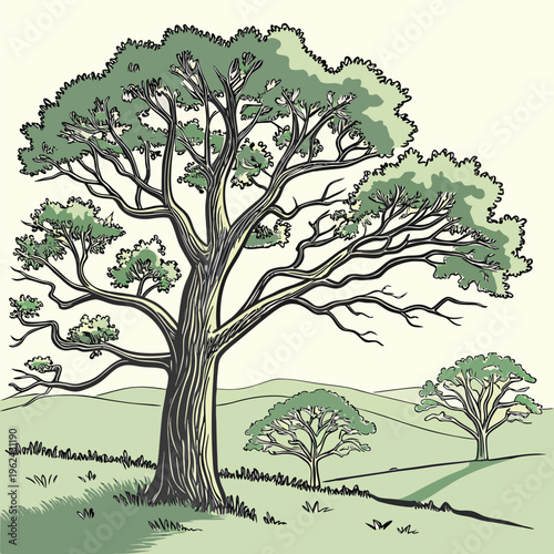 Majestic Ancient Oak Tree Beside a Peaceful River in Lush Green Countryside Vintage Hand Drawn Botanical Landscape Illustration with Rolling Hills Serene Woodland Nature Scenic Artwork Rustic Environm