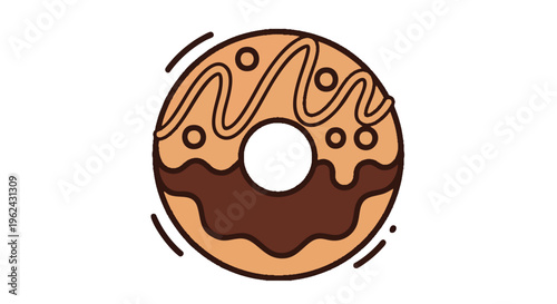 A cartoon-style depiction of a donut, featuring a light-brown base, brown frosting on the bottom, and wavy chocolate drizzle on top, with sprinkles