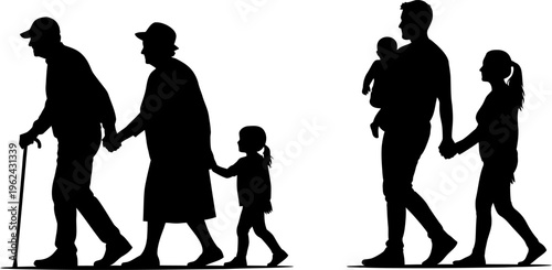Silhouettes of Multi-Generational Families Walking Together, Depicting Different Life Stages