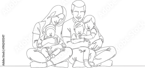 Happy family with three young children in continuous line art illustration style