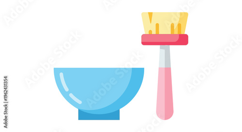 Colorful makeup brush and bowl in flat design for beauty product advertisement