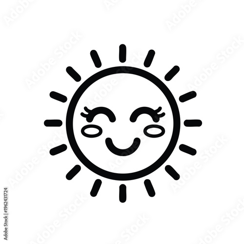 Black and white illustration of a smiling sun. The sun has a circular face with rays emanating from it, creating a happy expression