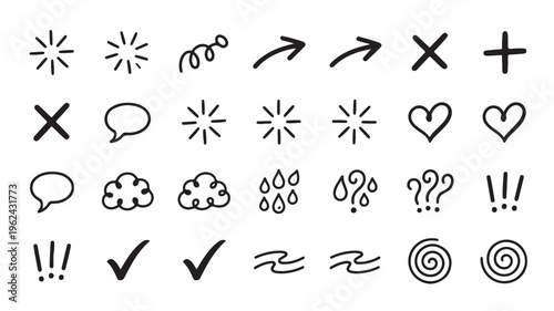 Black and White Icon Set with Various Symbols and Emojis