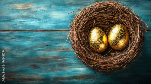 Two shimme golden eggs led securely in a rustic bird's sit atop a textured turquoise wooden surface, evoking feelings of sptime and hope.