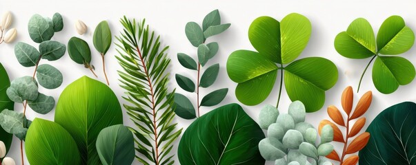 St. Patrick's Day shamrock and green leaves border on white background for festive designs